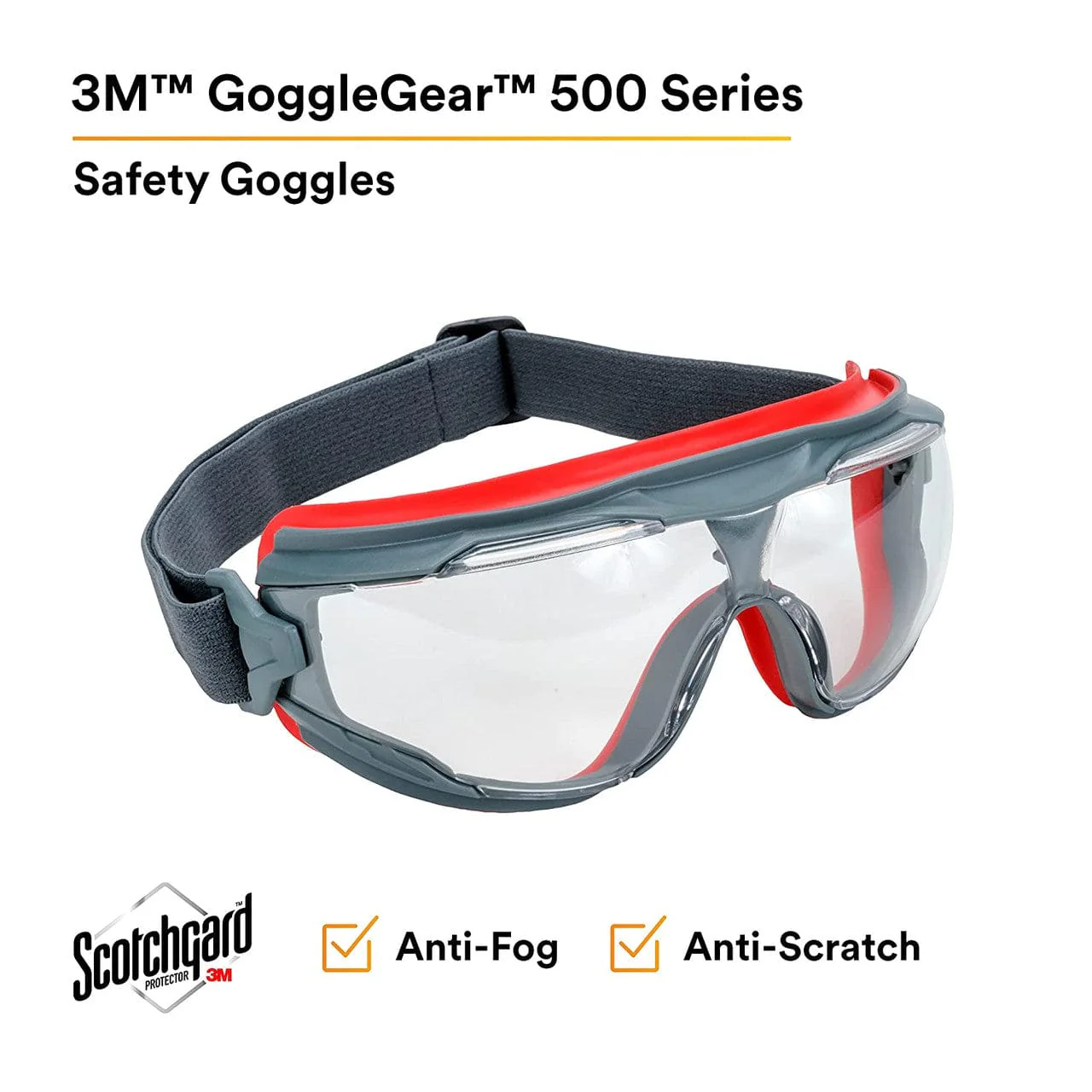 3M GoggleGear 500 Gray/Red Frame with Clear Scotchgard Anti-Fog Lens - Image 7
