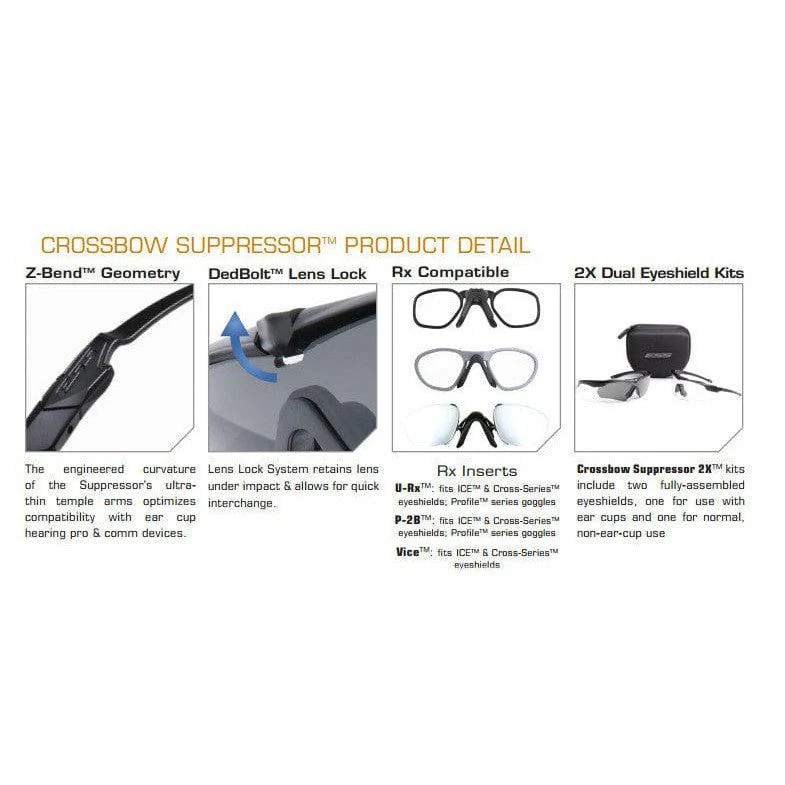 ESS Crossbow Suppressor Safety Glasses 2X+ Kit with Black Frames and Clear, Gray and HD Copper Lenses - Image 3